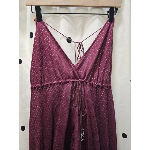 Free People sheer maroon silver pin striped balloon leg v-neck  jumpsuit XS - Picture 2 of 9